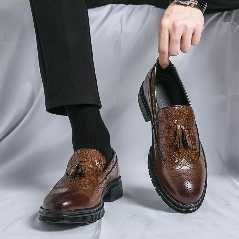 Torres brown genuine leather oxford shoes with woven brogue detailing and tassel accents
