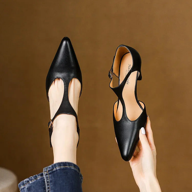 Sloane women's pointed toe T-strap mid heel pumps, vintage-inspired with adjustable ankle strap