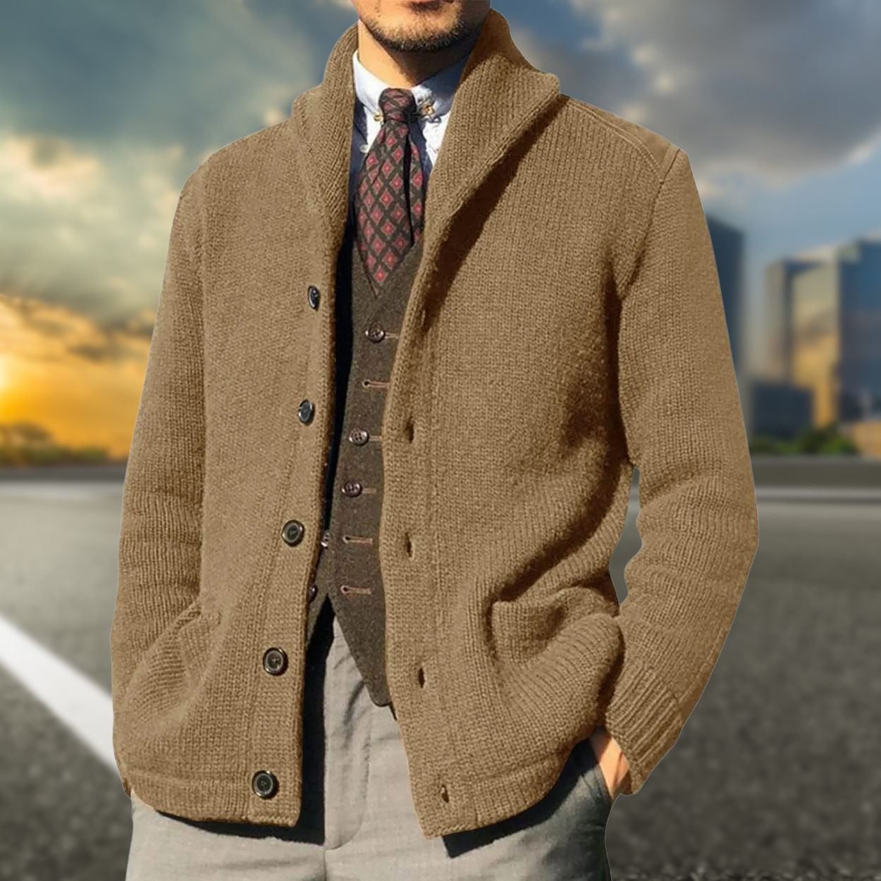Men's shawl collar knit cardigan classic fit with button closure and side pockets