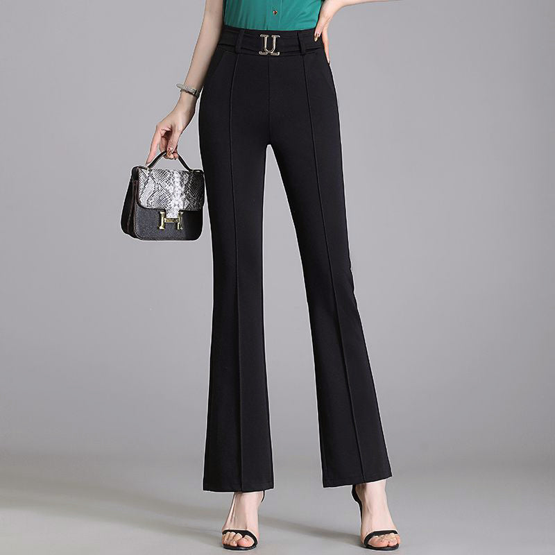Valentina Rossi high-waisted elegant flared pants with gold-accented belt, lightweight polyblend