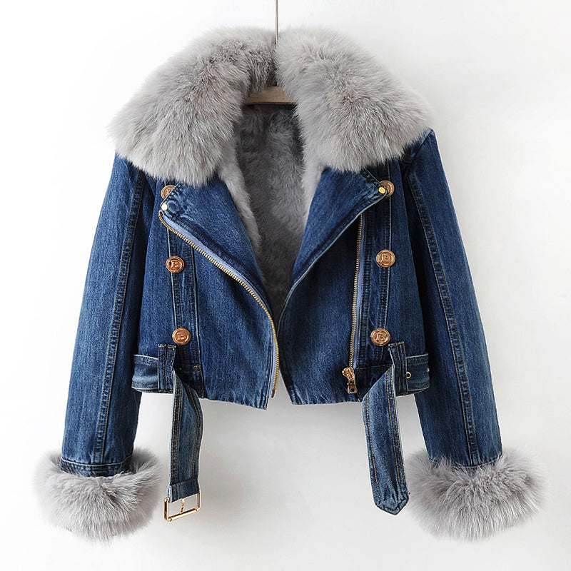 Dark denim long coat with faux-fur collar and liner, Western-style luxurious winter outerwear