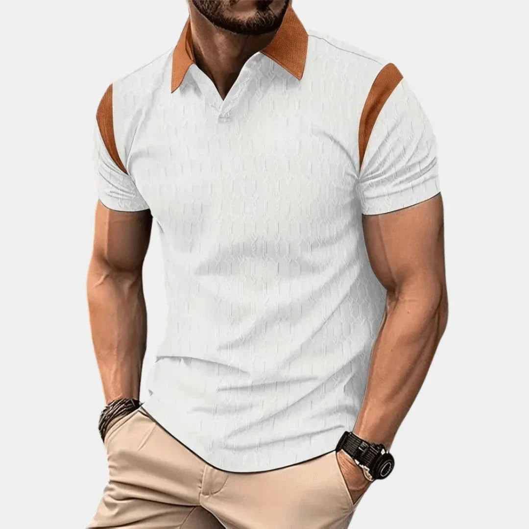 Men's tailored fit polo shirt with contrast collar and shoulder panels, short sleeve smart casual