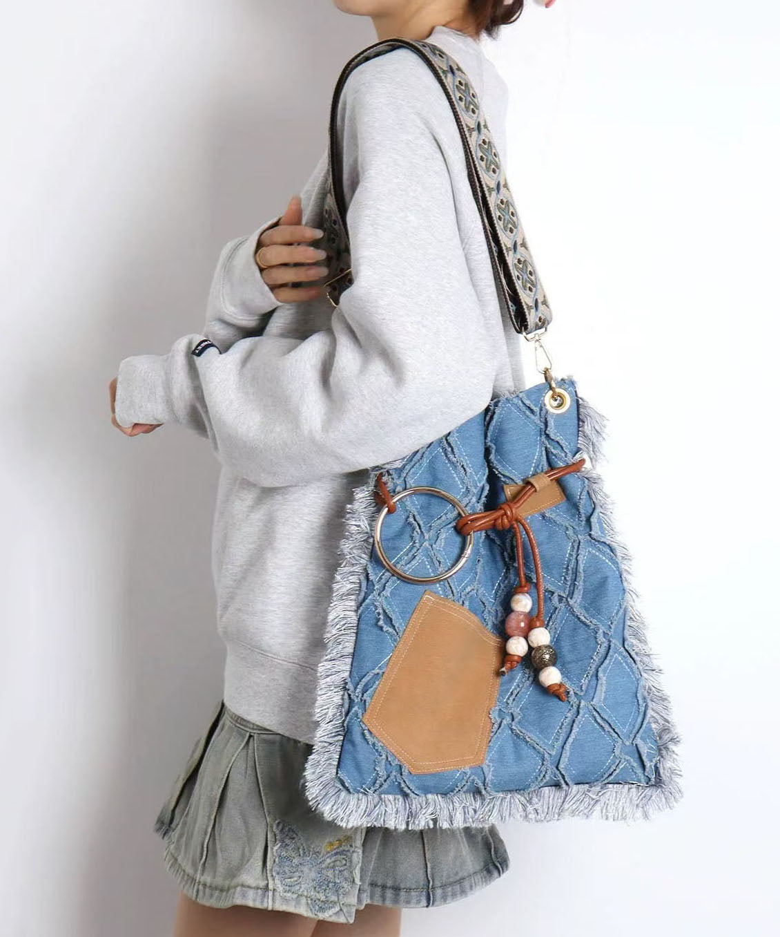 Sac messager vintage en denim bleu Γ cils de grande capacitΓ© - Wavlynn