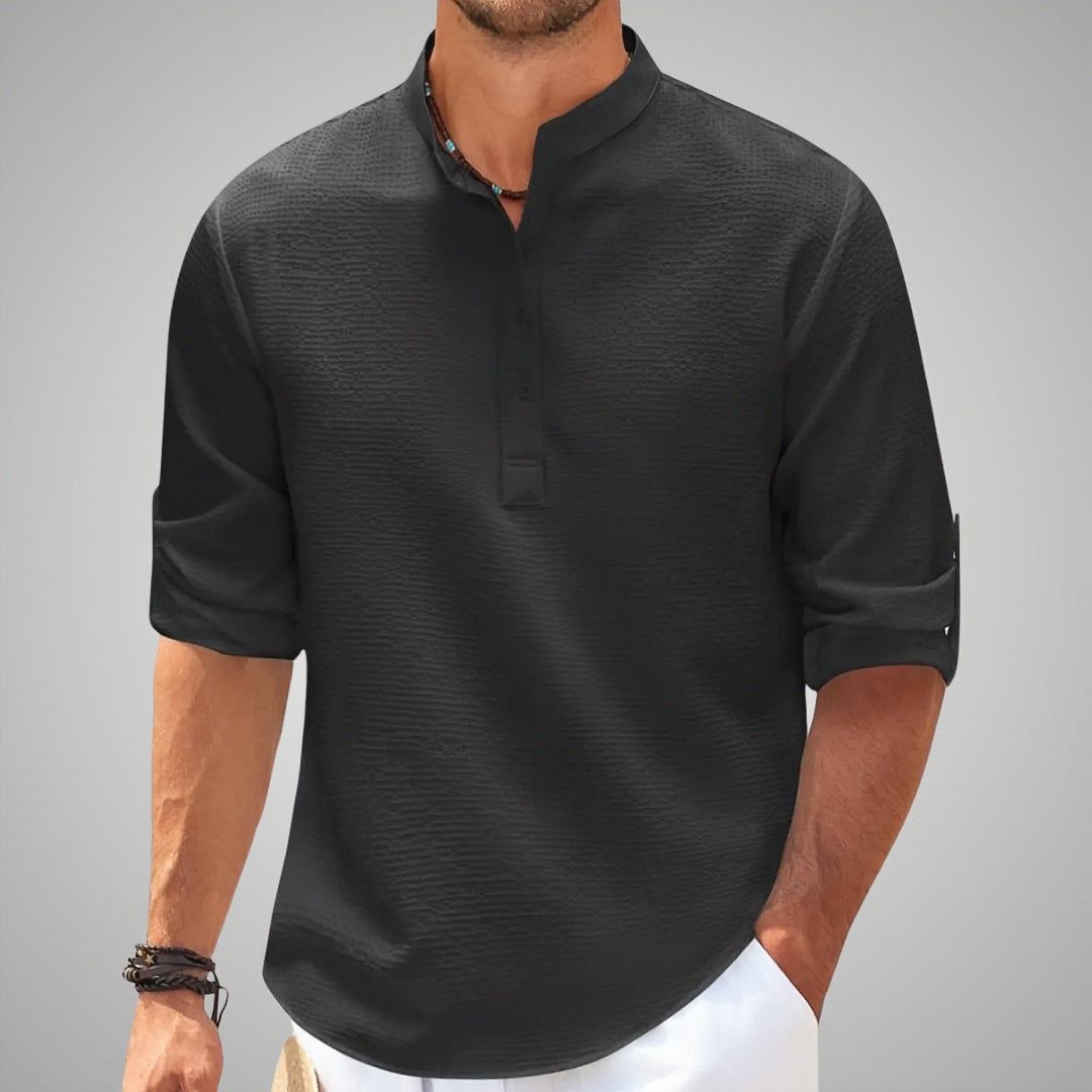 Men's waffle knit henley shirt grandad collar long sleeve button closure versatile neutral tone