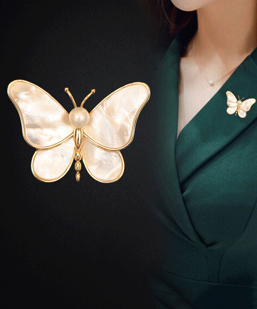Broches papillon en nacre et cuivre surdoré couleur champagne Vogue - Wavlynn