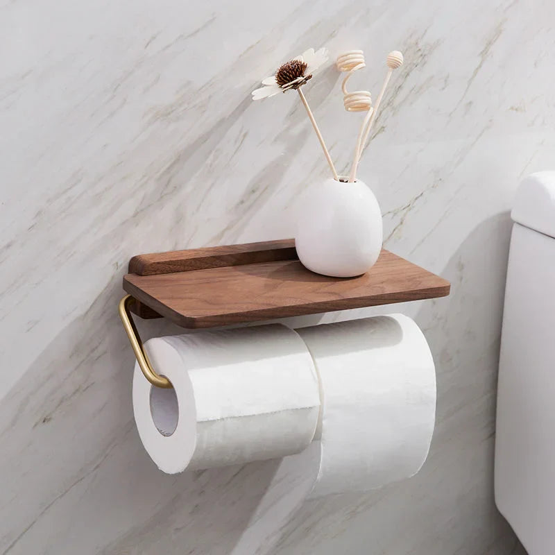 Reyne walnut wood toilet roll holder with integrated shelf, modern adjustable bathroom storage accessory