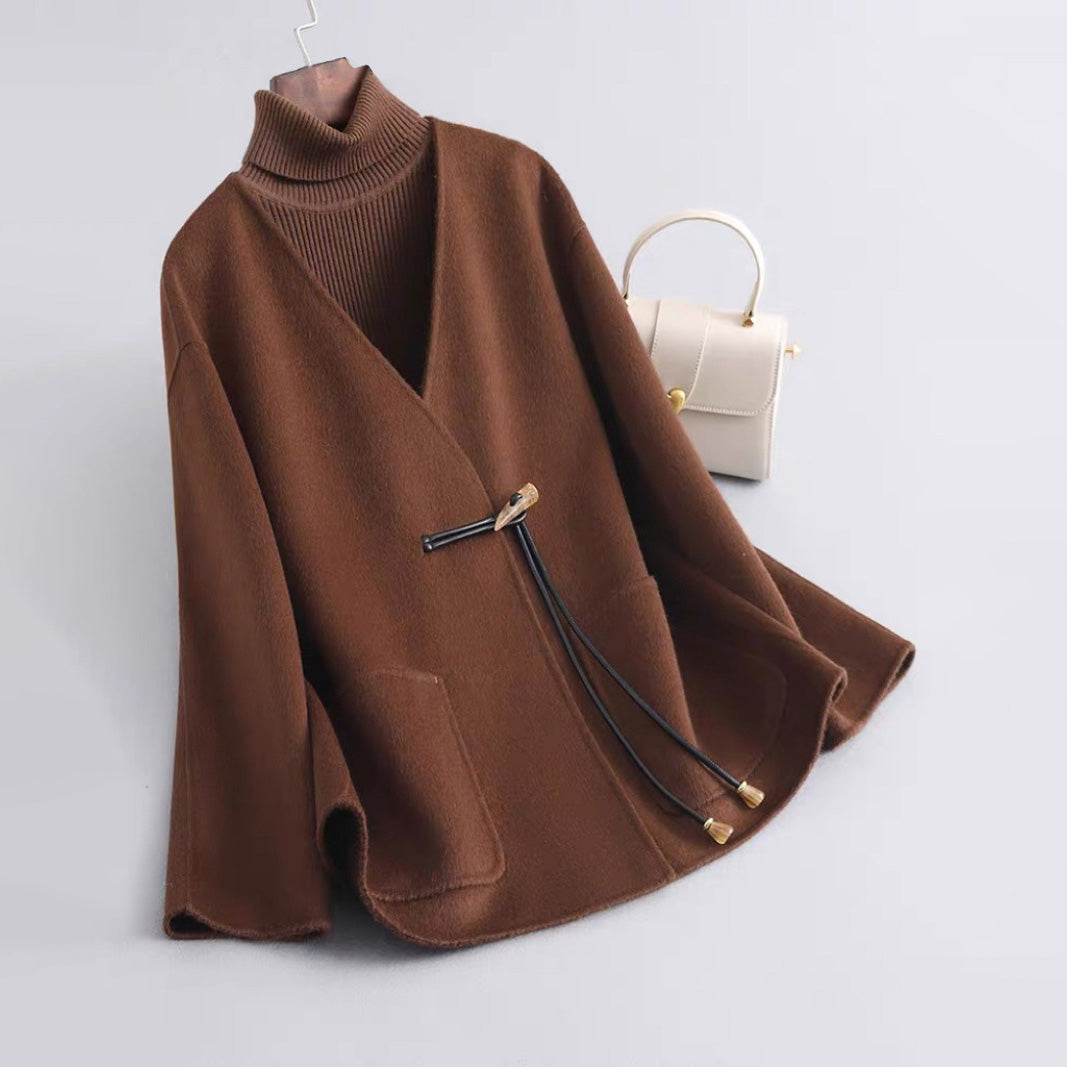Women's elegant woolen coat warm double-sided finish V-neck horn button closure autumn chic