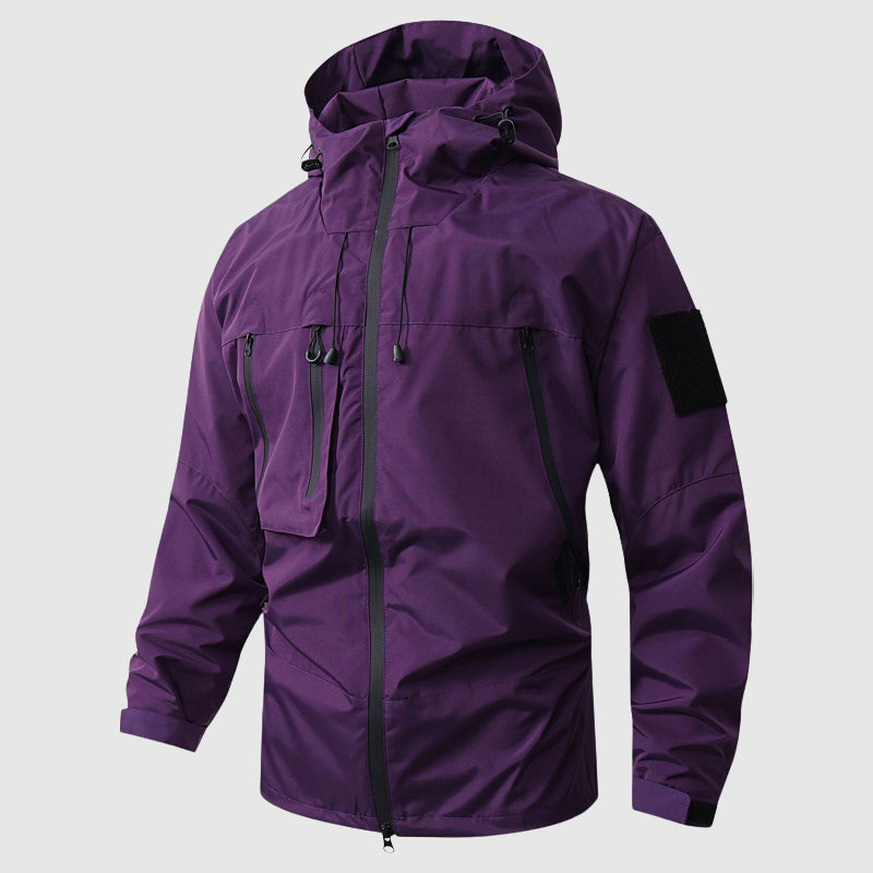 Men's waterproof hiking jacket lightweight shell with detachable hood, all-season windproof outdoor layer