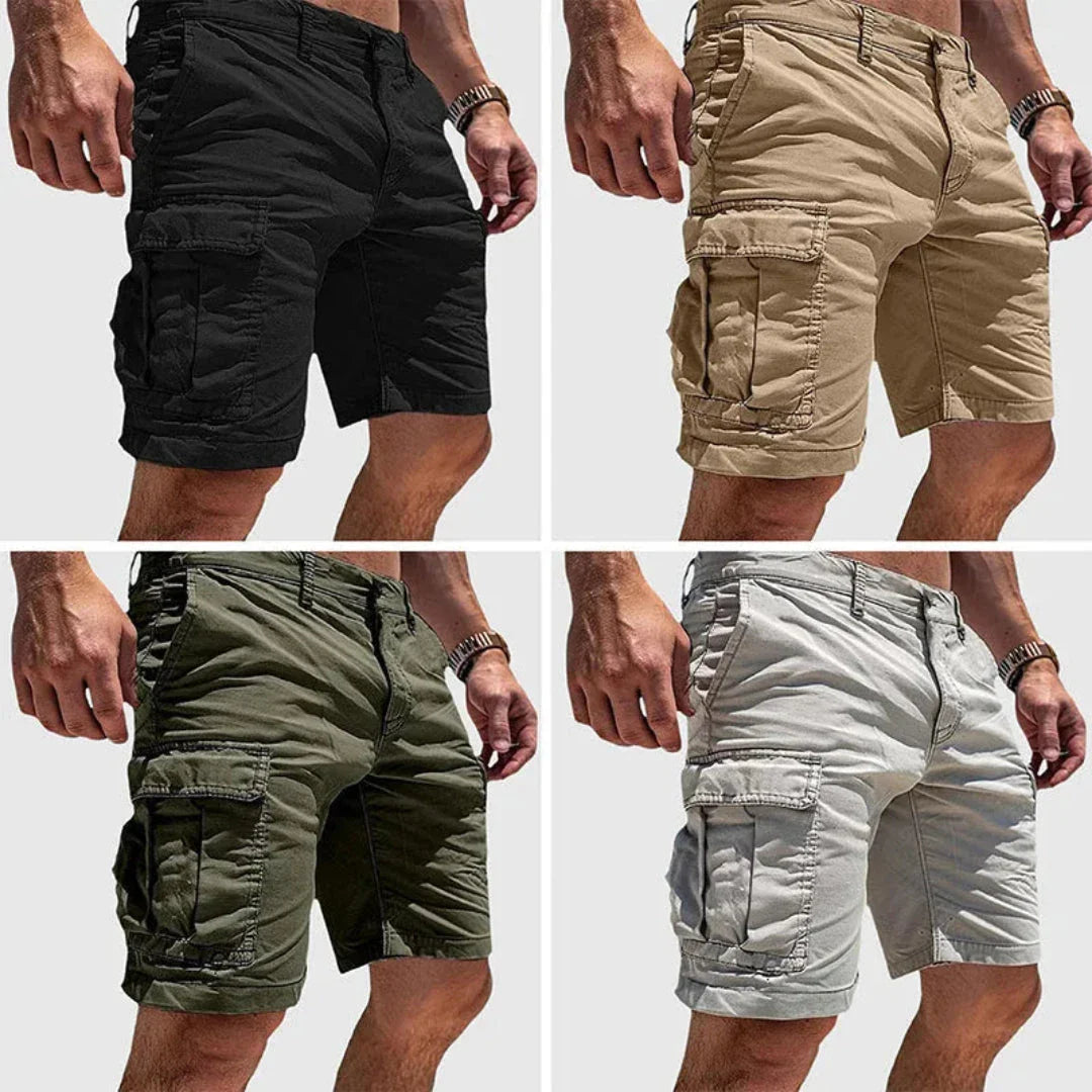 Men's olive green cargo shorts rugged multi-pocket design breathable polyester blend durable outdoor fit