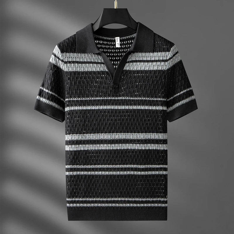 Cream and mocha striped relaxed knit polo with open-stitch texture and V-neckline
