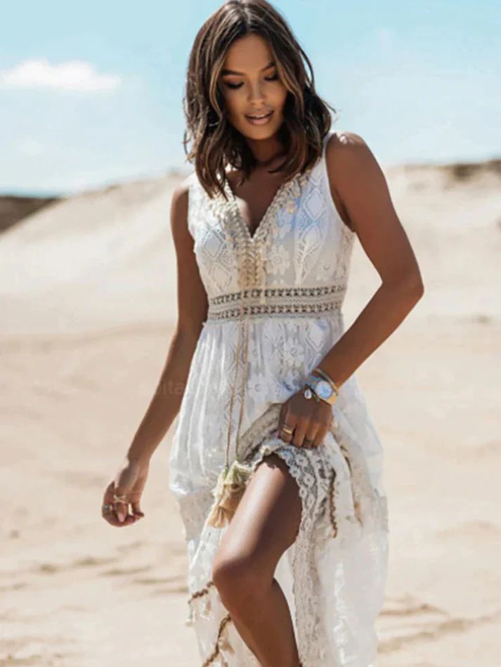 Flowy bohemian maxi dress with intricate vintage-inspired details and relaxed elegant silhouette