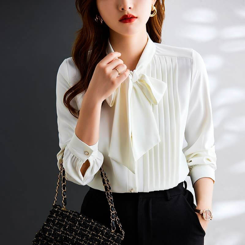 Women's chiffon blouse bow tie neck pleated front lightweight flowy top elegant feminine style