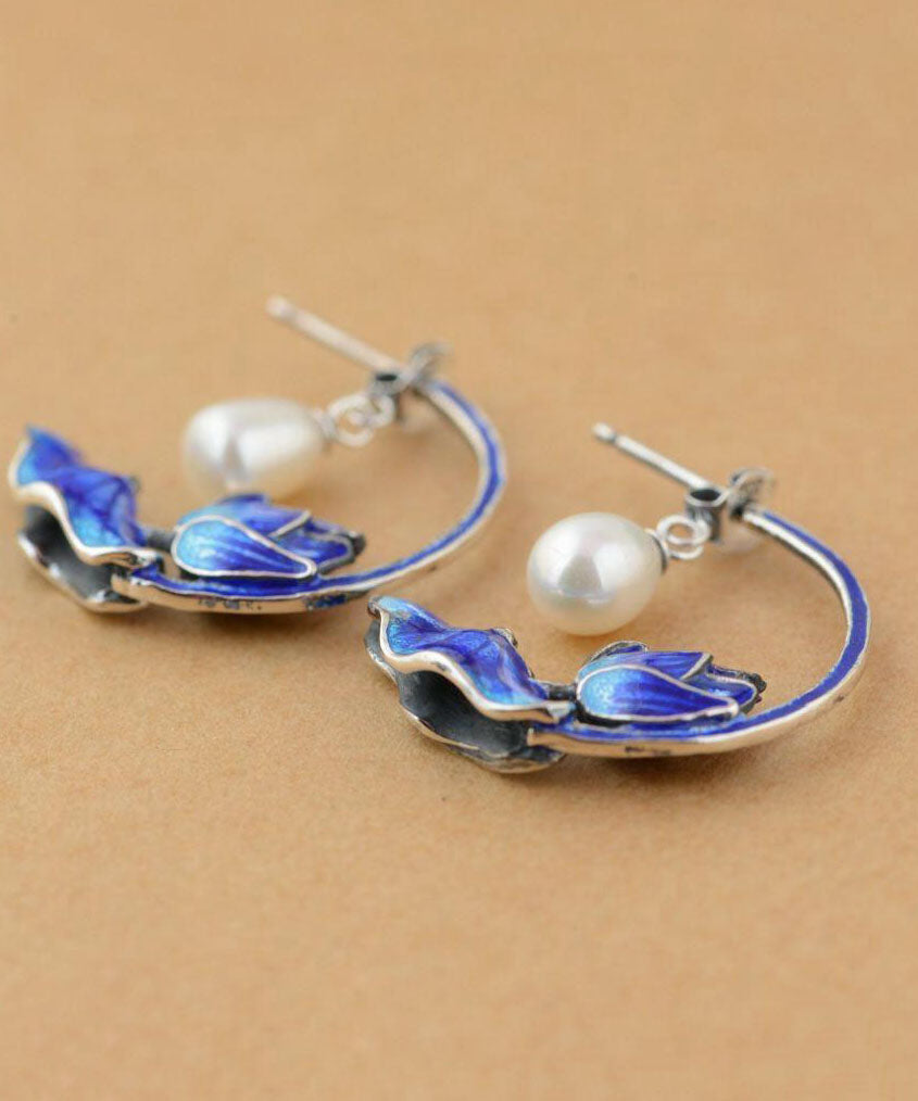 Boucles d'oreilles créoles en argent sterling bleu avec perles cloisonnées et lotus pour femmes - Wavlynn