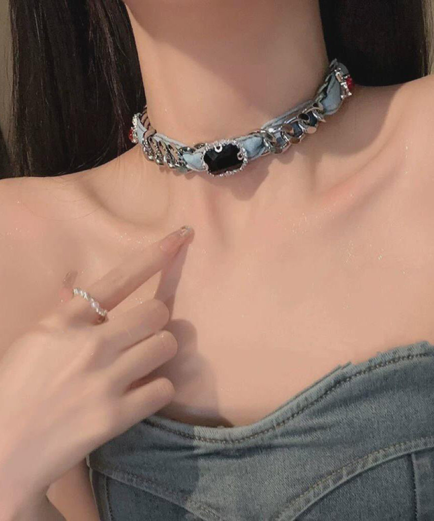 Collier chaîne en métal bleu denim pour femme avec cristaux - Wavlynn