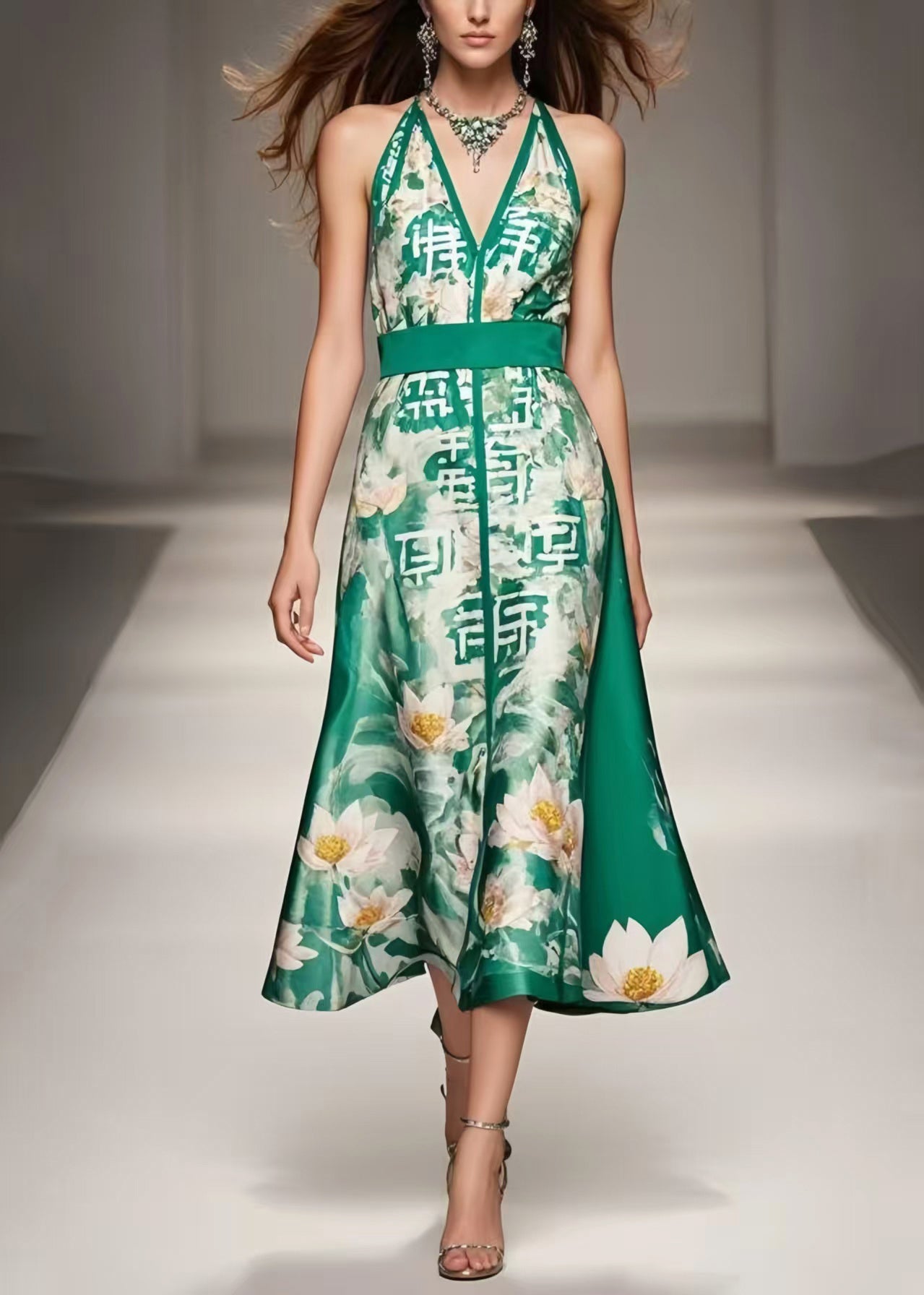 Green Silk Halter Midi Dress