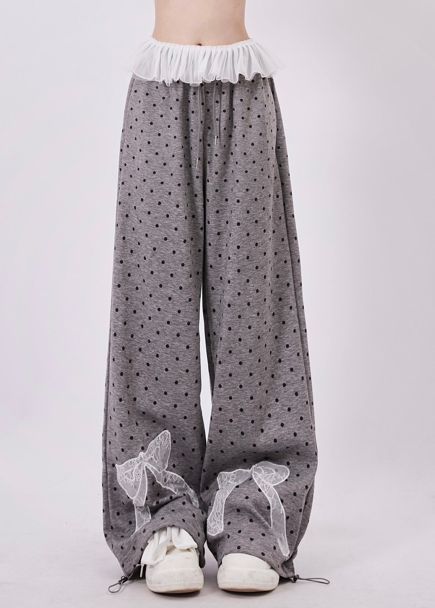 Pantalon large en coton à pois gris pour femme, avec nœud en dentelle et patchwork, printemps - Wavlynn