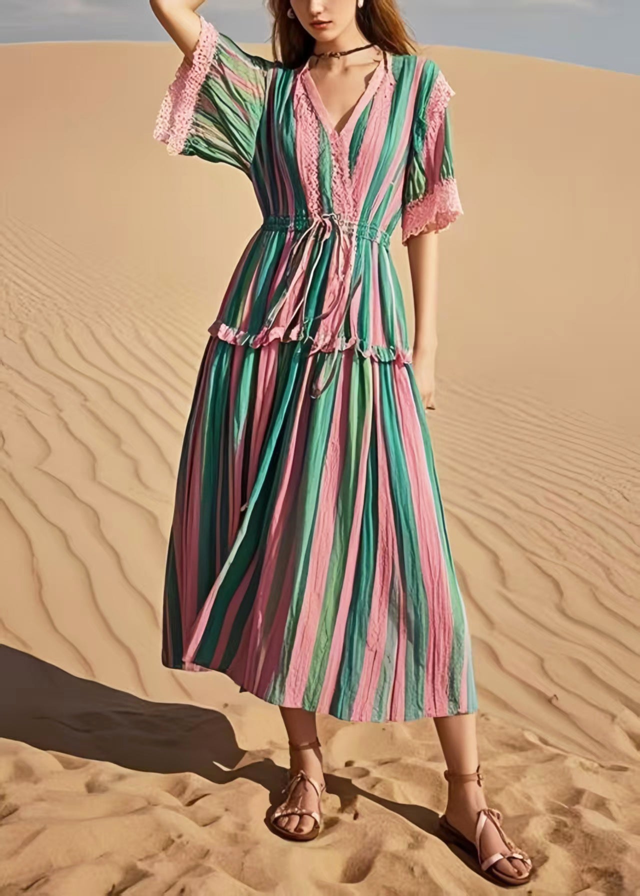 Pantalon Évasé Rayures Arc-en-Ciel Hippie Femme - Taille 40-42 - Look Années 70 Fun
