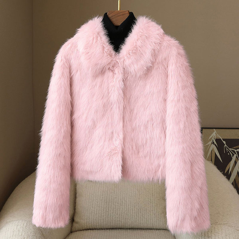 Women's short mink-style faux fur coat with big lapel collar, plush warm lining, elegant winter outerwear