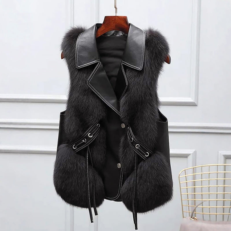 Women's fluffy faux fur vest with wide lapel collar and adjustable waist tie, hip-length