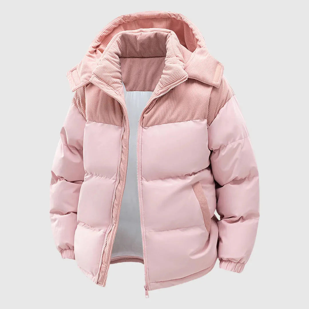 Women's hooded puffer jacket in bold color, insulated shell with full front zip for cold-weather style