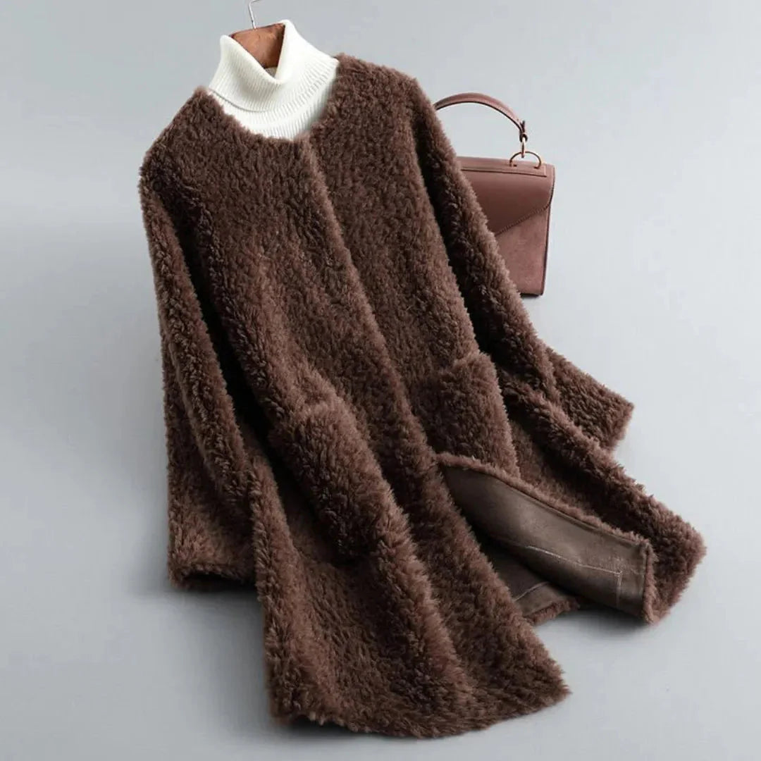 Women's ivory faux shearling fur coat with draped silhouette and ultra-soft plush texture luxury outerwear