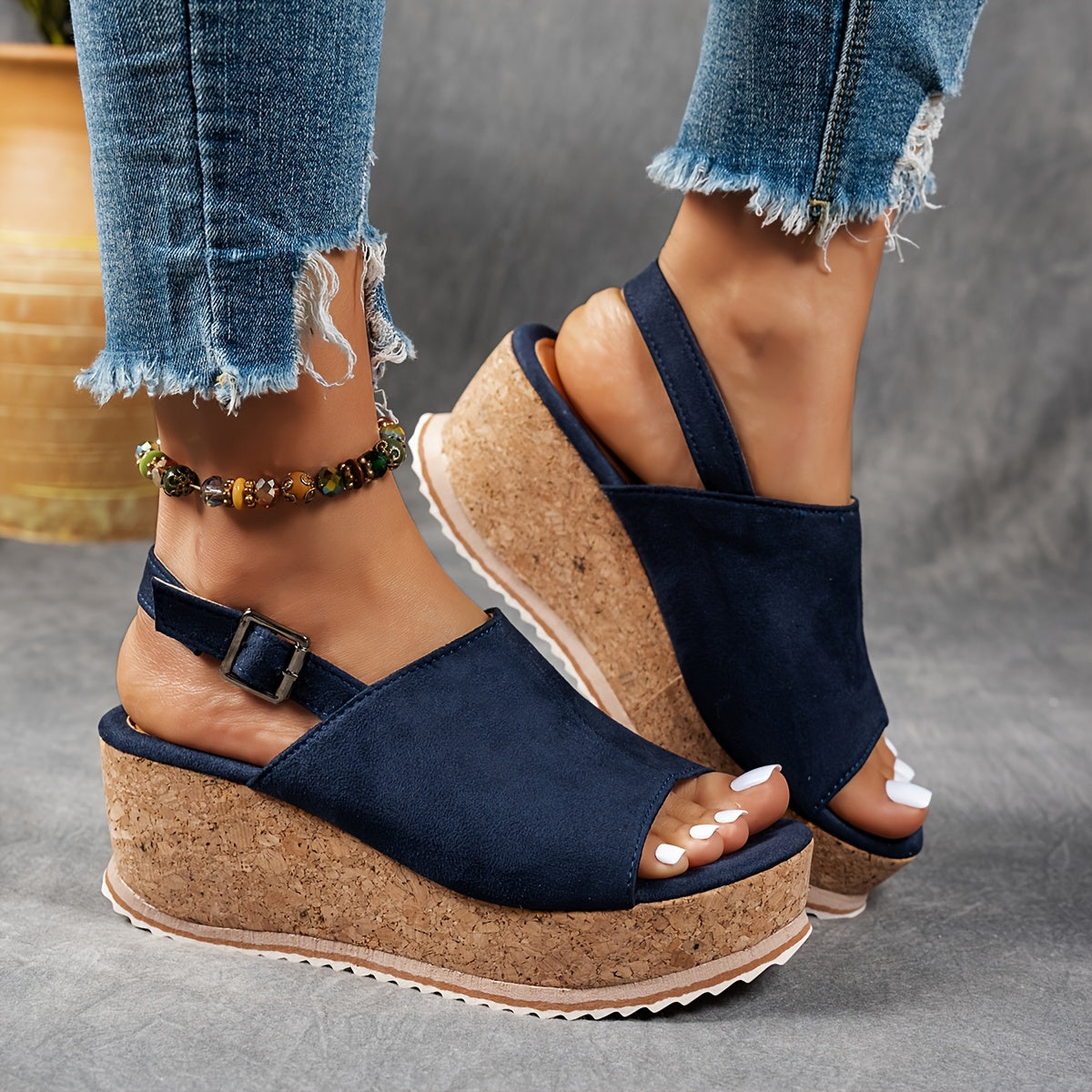 Women's beige platform sandals with adjustable buckle straps and cushioned EVA sole for all-day comfort