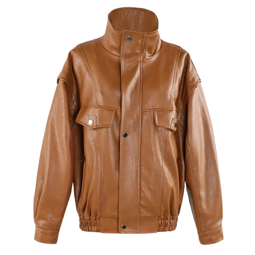 Black relaxed-fit vegan leather jacket with quilted lining and mandarin collar for year-round style