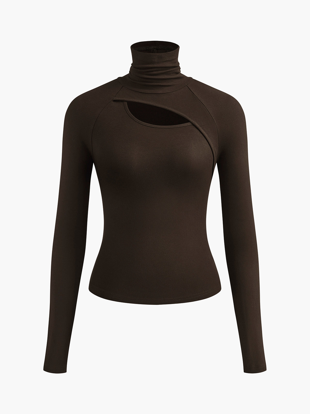 Black asymmetric cutout turtleneck long sleeve slinky top slim fit jersey fabric