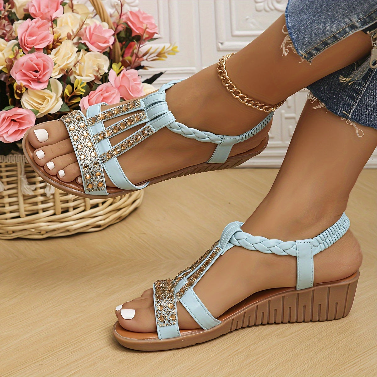 Women's rhinestone woven sandals with braided straps and shimmering crystal embellishments for glamorous style