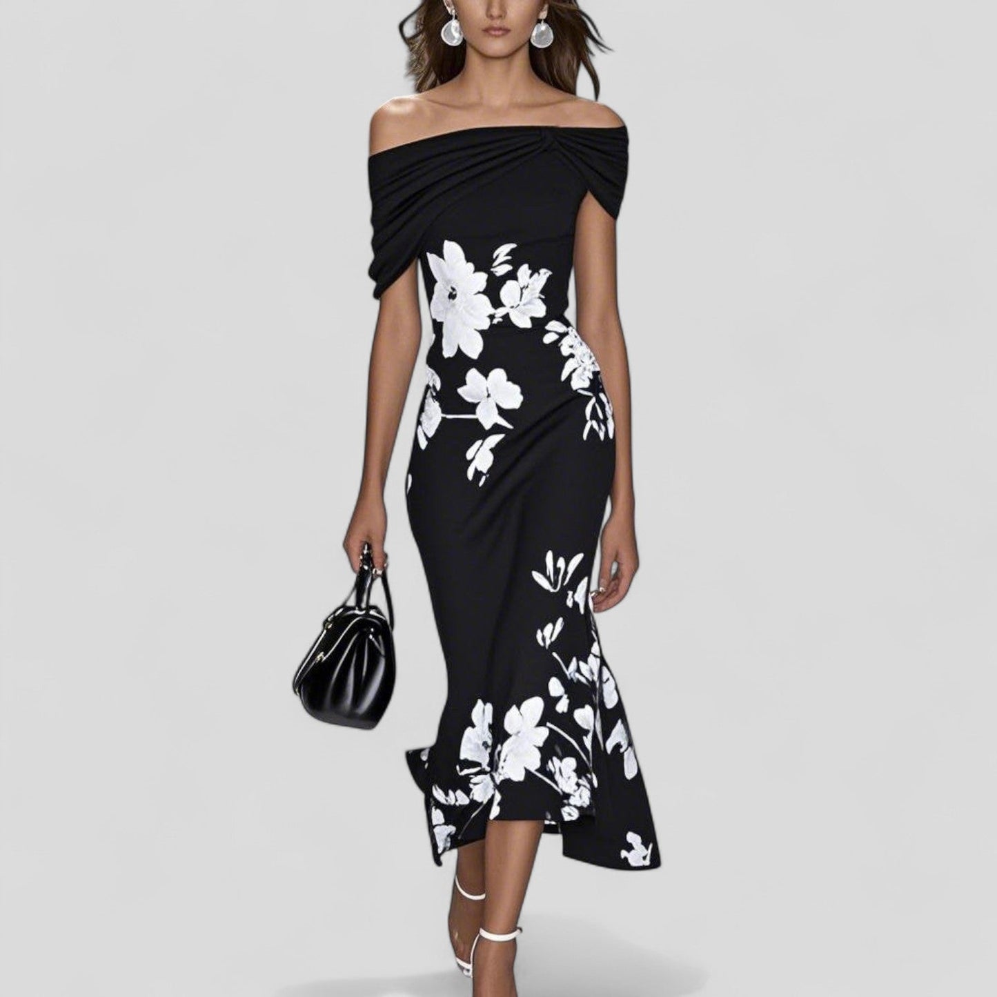 Women's sage green floral midi dress with off-shoulder ruffle hem and figure-skimming silhouette