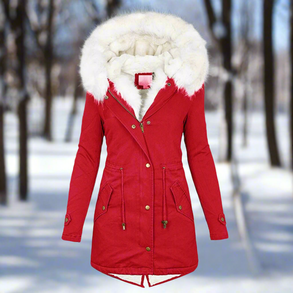 Women's tailored long parka jacket with water-repellent finish and faux fur hood for cold weather