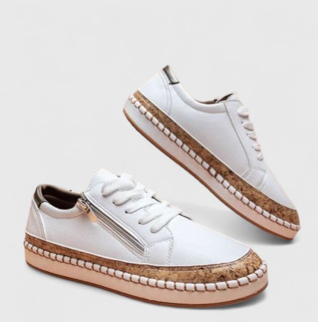 Women's floral embroidered platform lace-up sneakers with cork sole and gold metallic accents