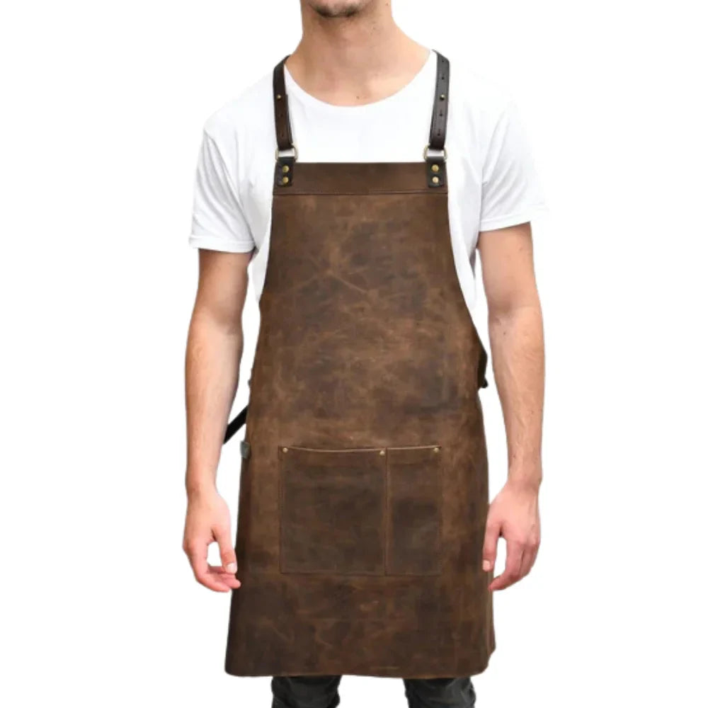 Genuine leather BBQ cooking apron handcrafted full-grain Argentinian cow leather adjustable straps chef grilling