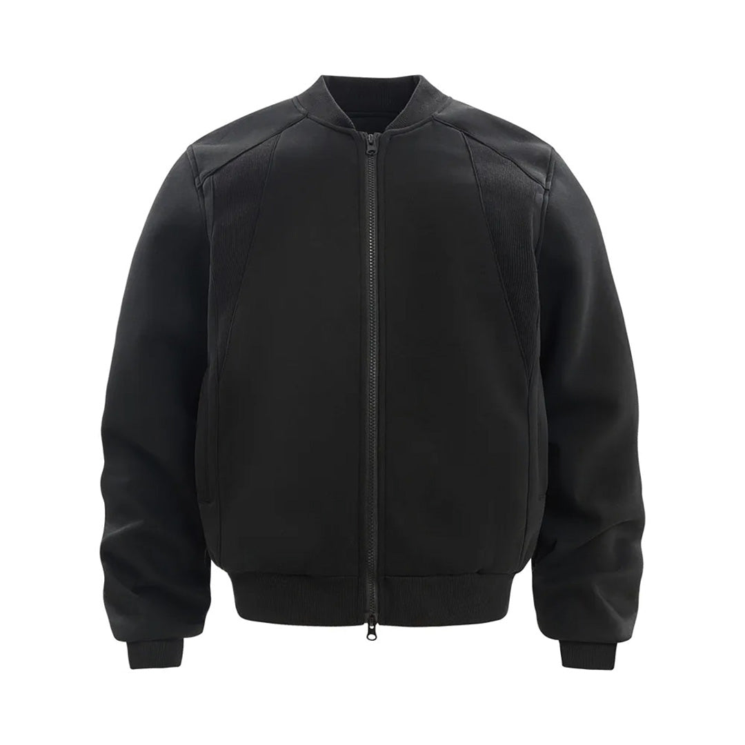 Black memory fabric bomber jacket relaxed fit ribbed hem cuffs cotton polyester casual outerwear