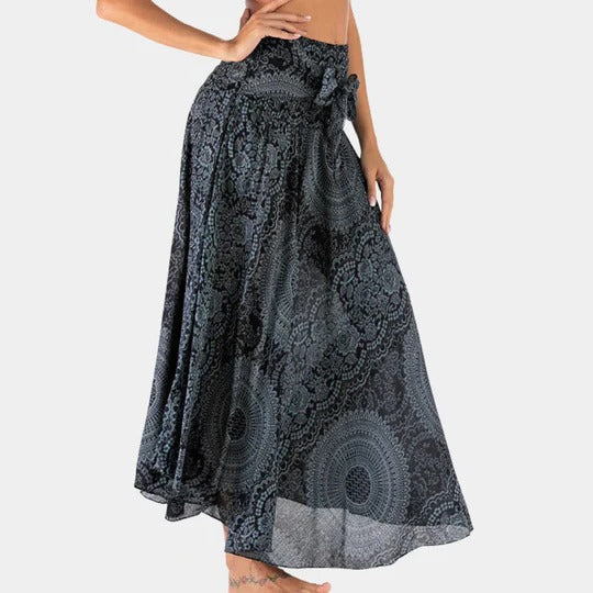 Women's bohemian maxi skirt with elastic waistband, full-length flowing drape in relaxed silhouette
