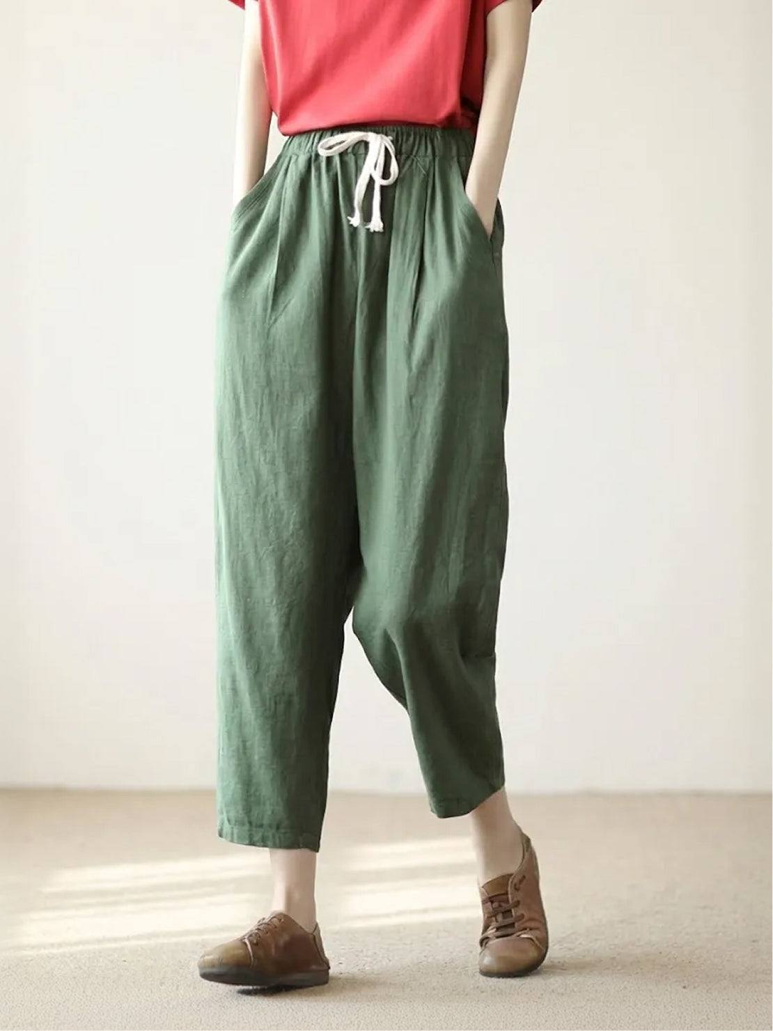 Women's casual straight-leg drawstring pants relaxed fit natural texture everyday essential