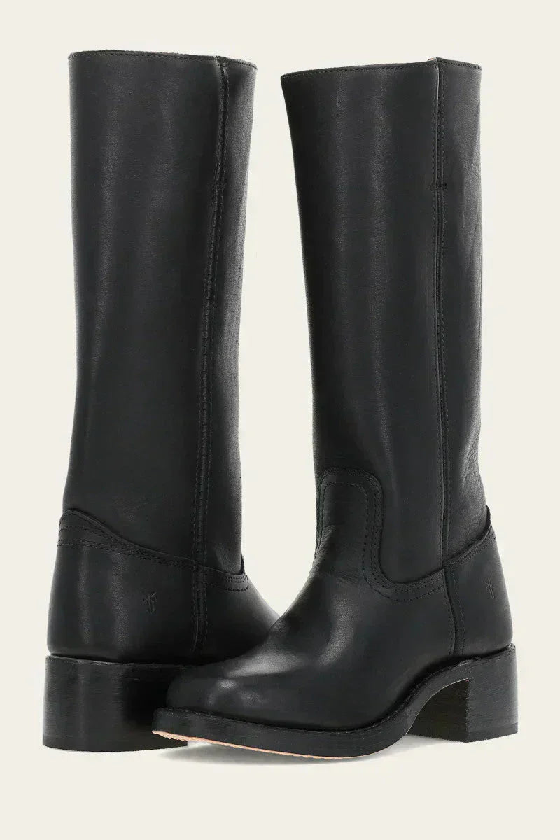 Women's brown leather mid-calf Western boots with classic silhouette and pull-on design