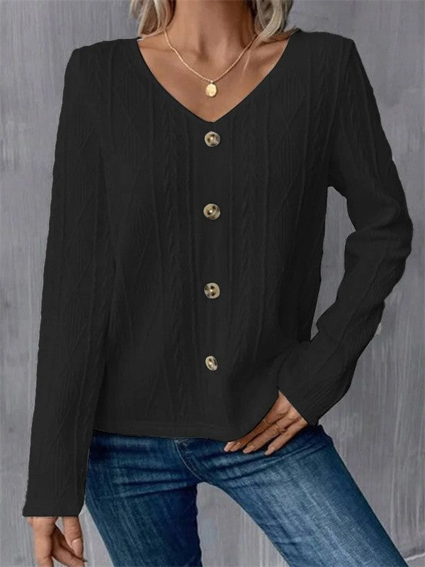 Women's soft knit long sleeve V-neck shirt, regular fit, button front casual top in neutral tone