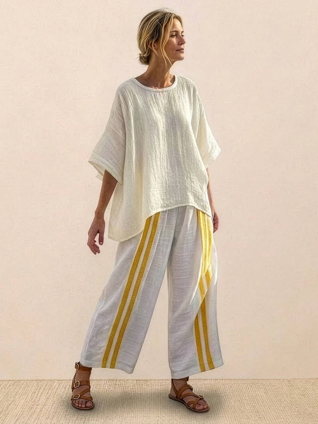 Women's striped wide-leg pants and oversized tee two-piece set in coastal casual style