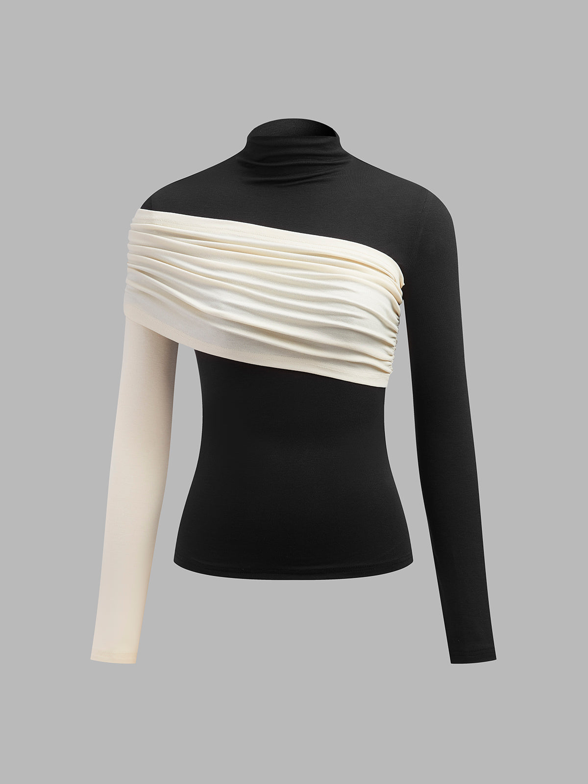 Color block pleated jersey slim top with stand collar, long sleeves, casual elegant stretch fit