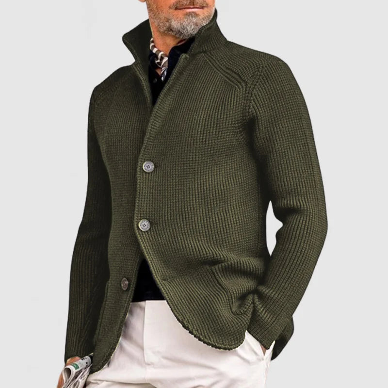 Navy long sleeve knit cardigan for men with button closure, cozy Nordic-style layering piece