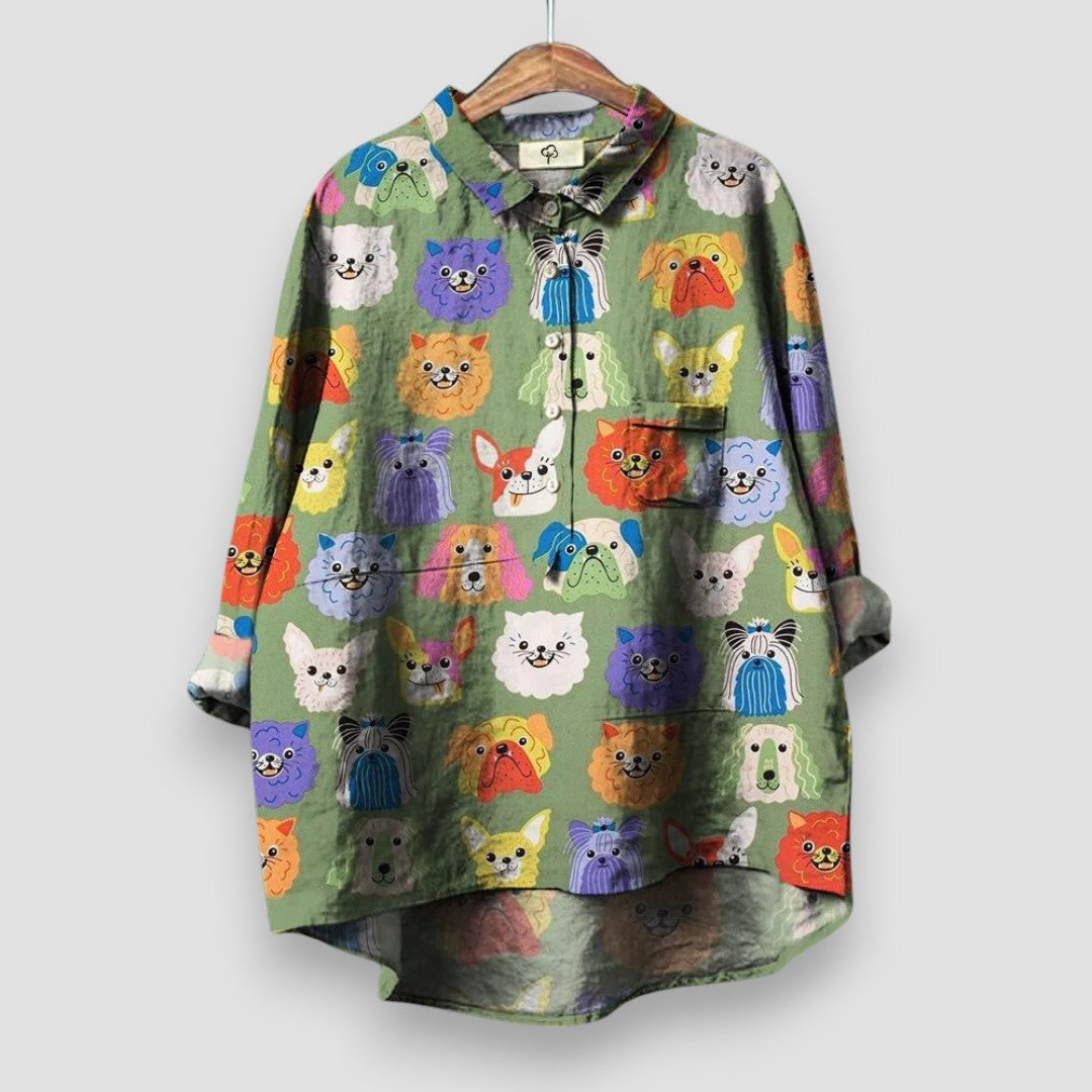 Women's relaxed-fit shirt with playful all-over dog print, casual and charming everyday style