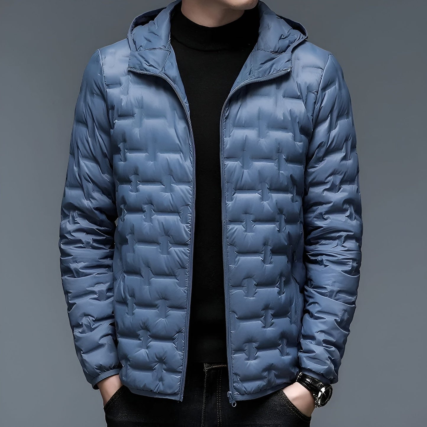 Alpine Summit lightweight hooded down jacket in minimalist style, slim silhouette, 90% duck down fill