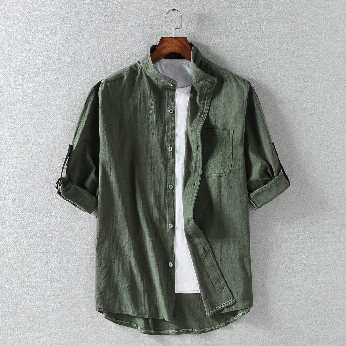 Wavlynn men's lightweight cotton blend shirt Mandarin collar long sleeve with chest pocket