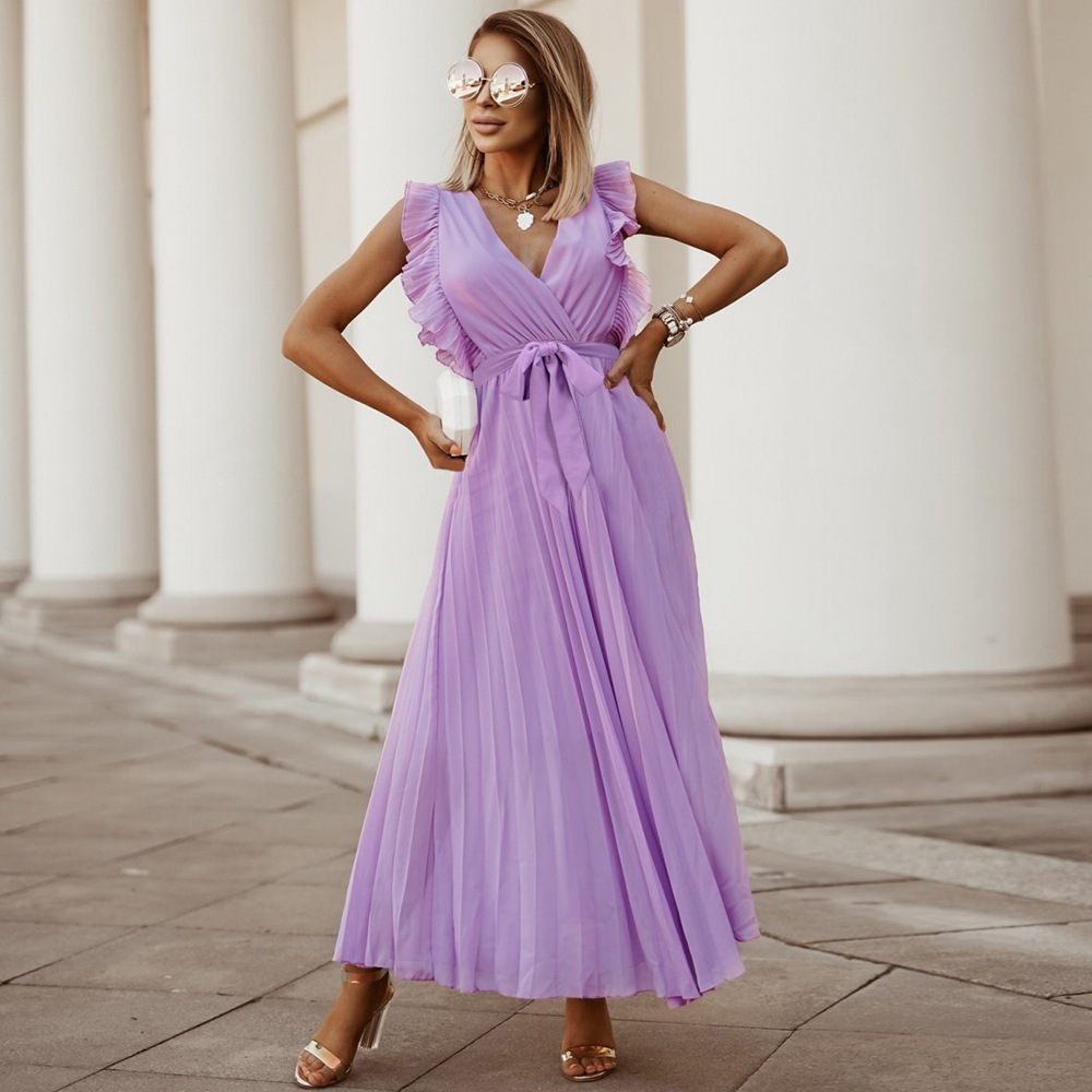 Women's elegant sleeveless maxi dress, V-neck, ankle-length, pleated ruffle shoulders, lightweight viscose blend