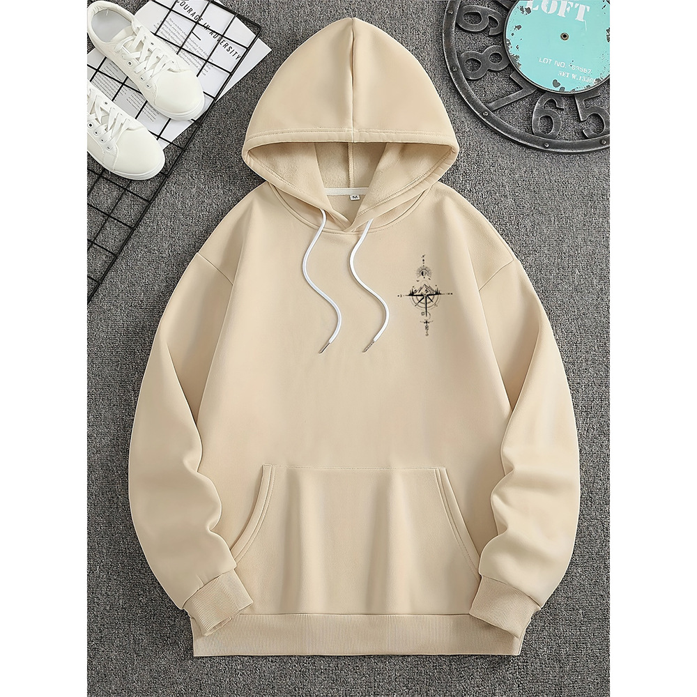 Men's regular fit cotton hoodie with drawstring hood and compass print for casual wear