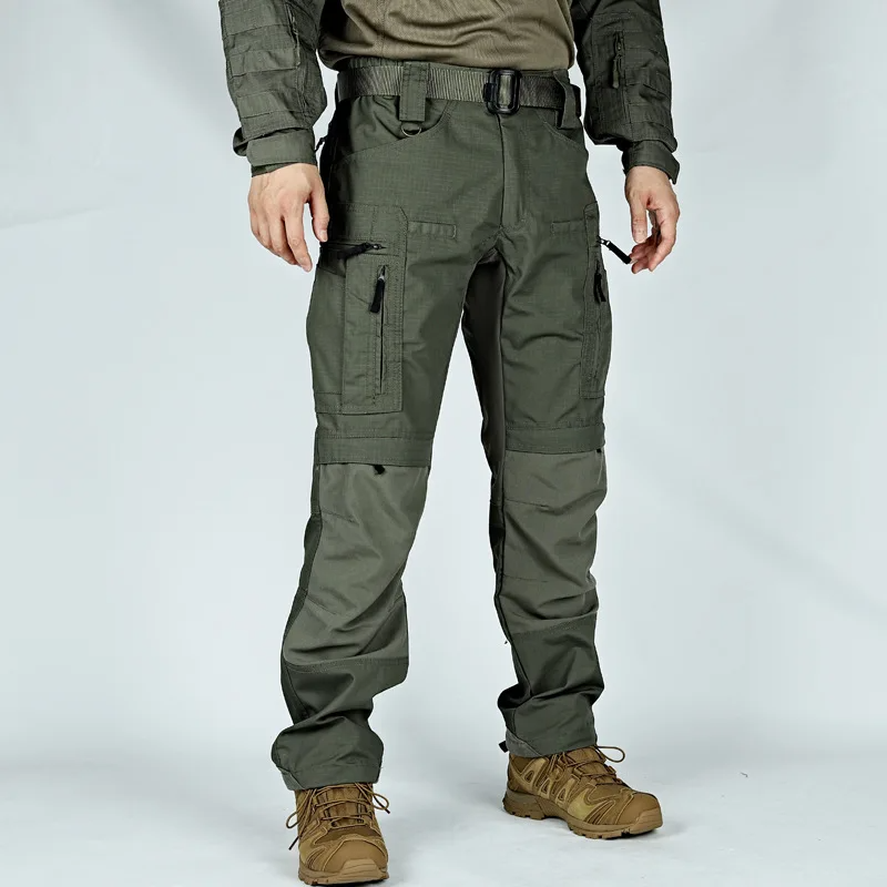 Men's olive ripstop slim-straight cargo pants with multi-pocket design and reinforced knees