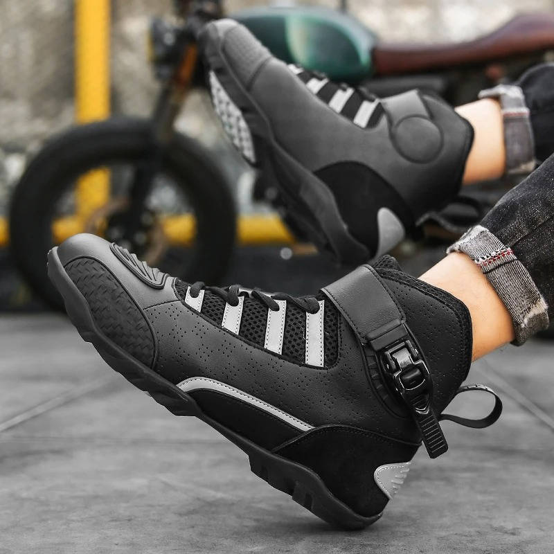 Men's motorcycle sneaker boots with protective padding, adjustable strap, urban riding style
