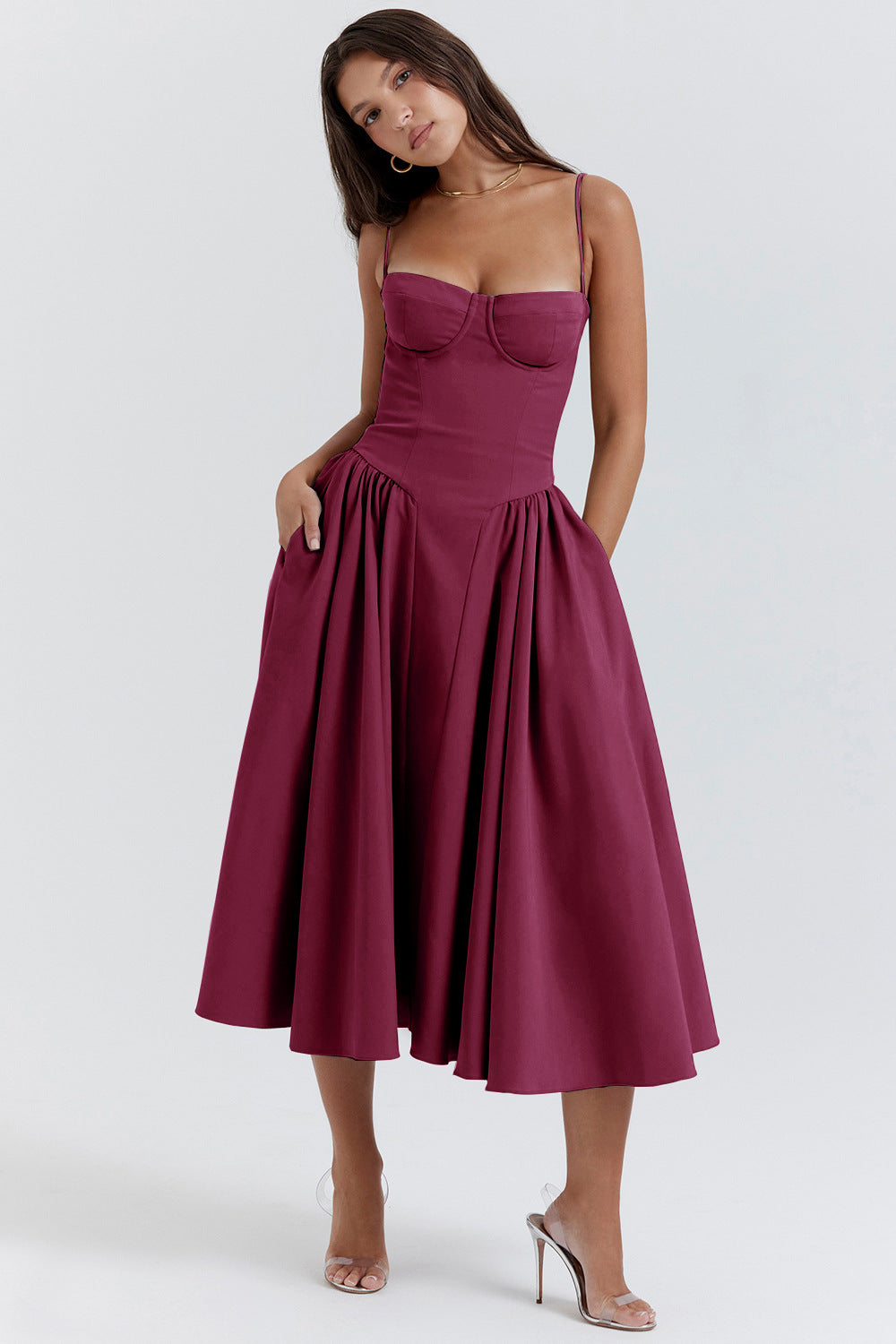 Women's long tank-style evening dress in timeless silhouette with vintage-inspired clean lines for wedding guests