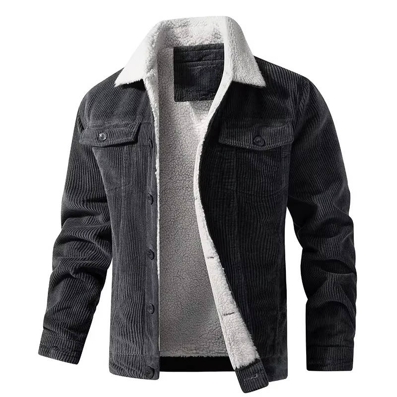 Men's brown corduroy sherpa jacket with plush fleece lining, rugged cold weather outerwear